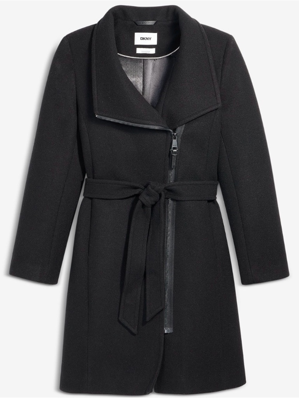 Dkny Black Asymmetric Zip Belted Wool-Blend Trench Coat